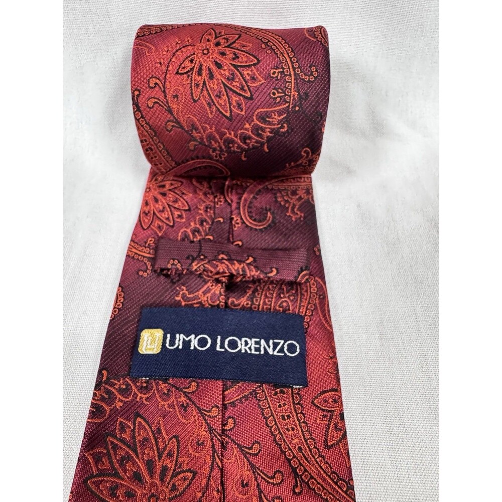 Umo Lorenzo Men's Silk Tie Burgundy Red Orange Paisley Jacquard Silk Necktie